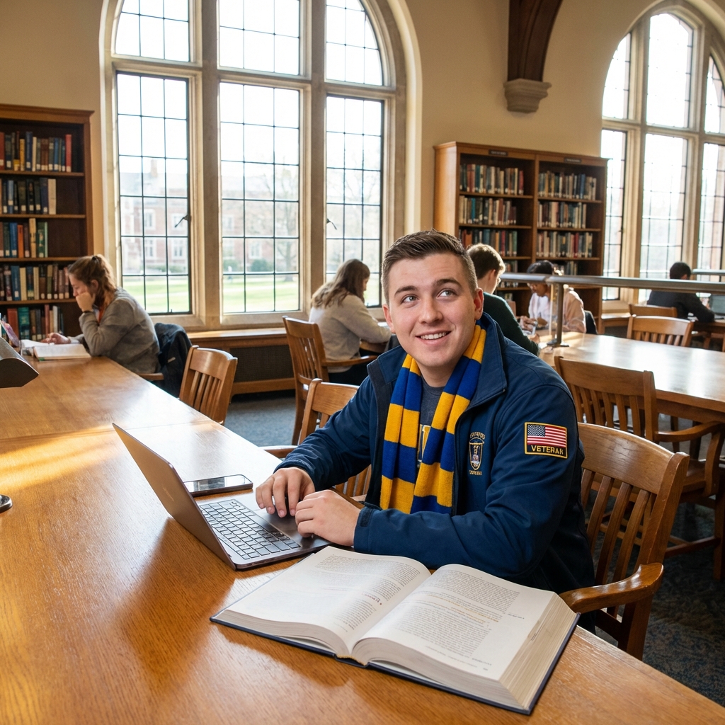 Veteran student studying in college library
